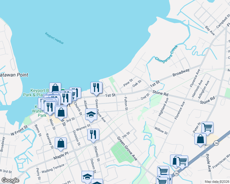 map of restaurants, bars, coffee shops, grocery stores, and more near 23 Myrtle Avenue in Keyport