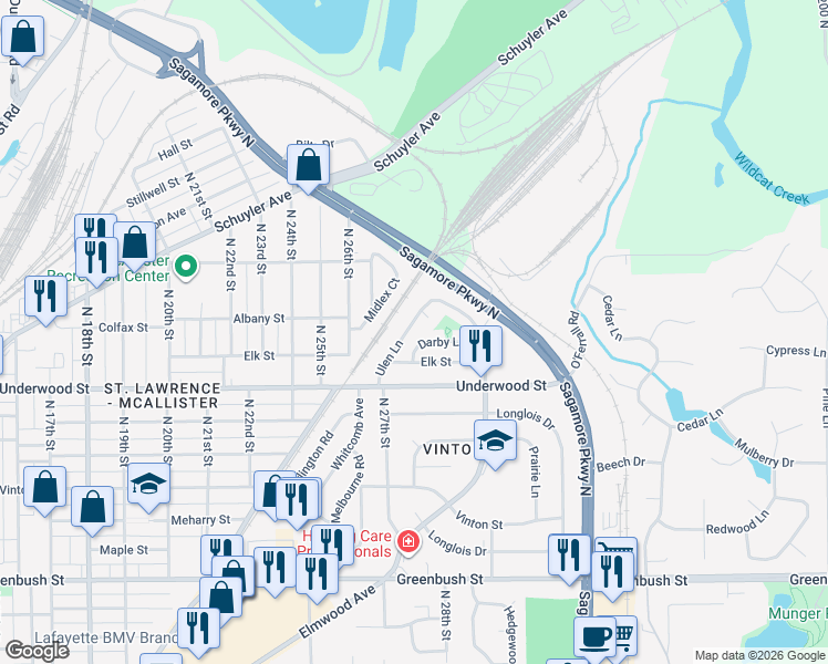 map of restaurants, bars, coffee shops, grocery stores, and more near 2136 Ulen Lane in Lafayette