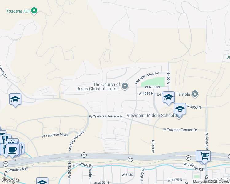 map of restaurants, bars, coffee shops, grocery stores, and more near 834 West 4050 North in Lehi