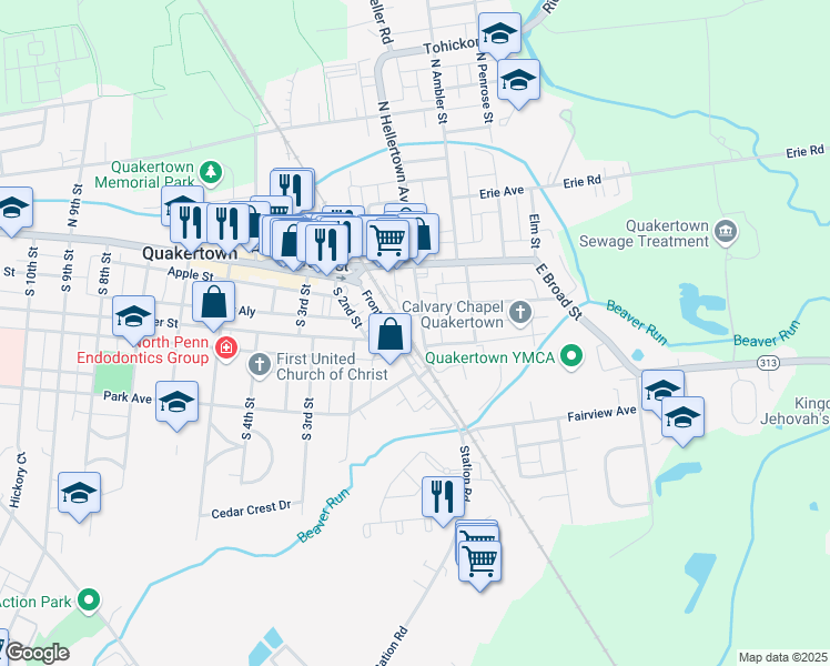 map of restaurants, bars, coffee shops, grocery stores, and more near 32 South Hellertown Avenue in Quakertown