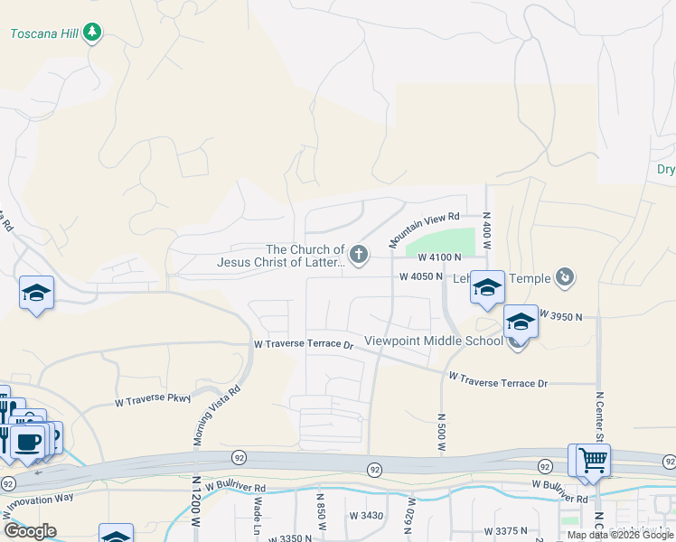 map of restaurants, bars, coffee shops, grocery stores, and more near 838 Spring Dew Lane in Lehi