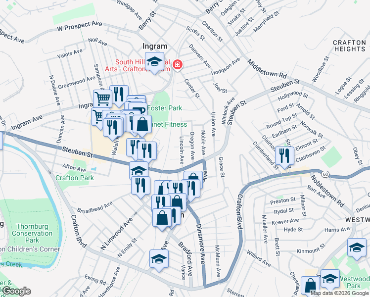 map of restaurants, bars, coffee shops, grocery stores, and more near 57 Lincoln Avenue in Crafton