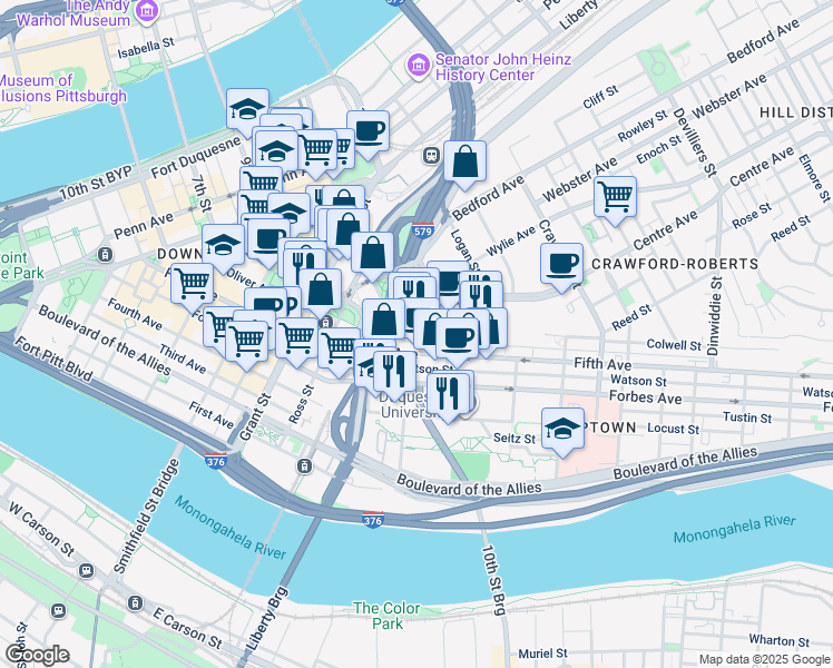 map of restaurants, bars, coffee shops, grocery stores, and more near 112 Centre Avenue in Pittsburgh