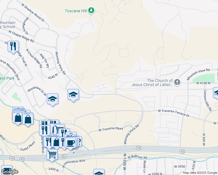 map of restaurants, bars, coffee shops, grocery stores, and more near 4200 North Season View Drive in Lehi