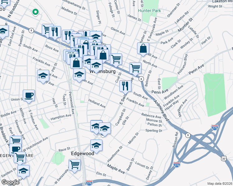 map of restaurants, bars, coffee shops, grocery stores, and more near 1013 Franklin Avenue in Pittsburgh