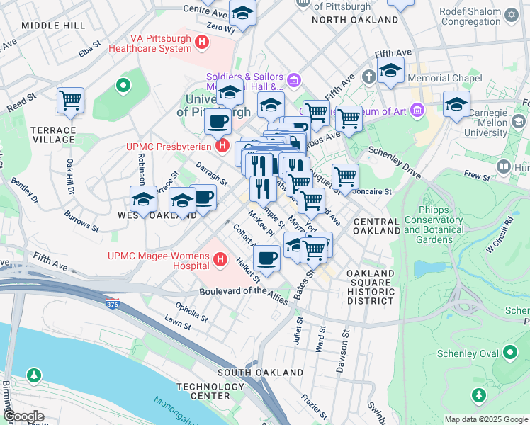 map of restaurants, bars, coffee shops, grocery stores, and more near 228 Semple Street in Pittsburgh
