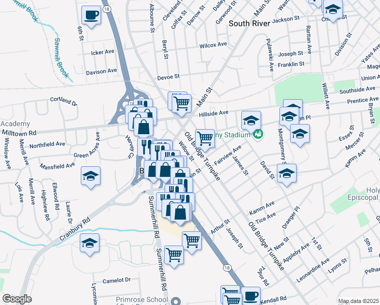 map of restaurants, bars, coffee shops, grocery stores, and more near 8 Wallace Street in East Brunswick