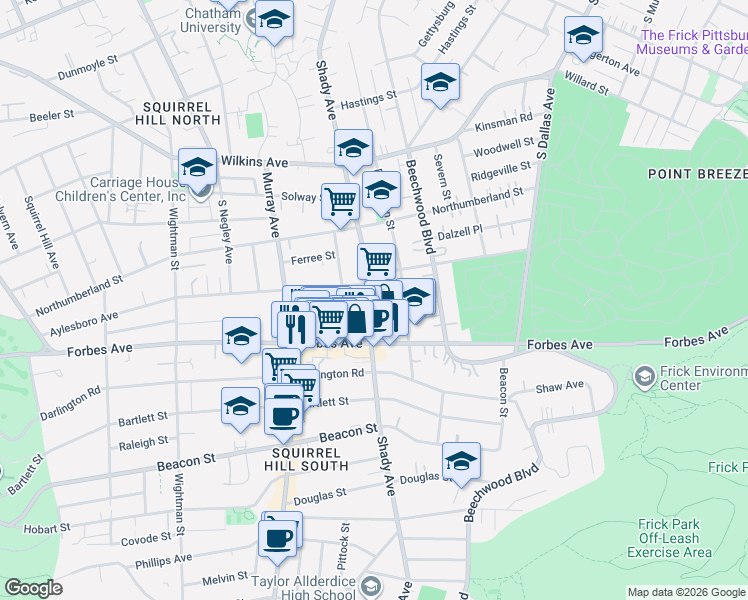 map of restaurants, bars, coffee shops, grocery stores, and more near 1612 Denniston Street in Pittsburgh