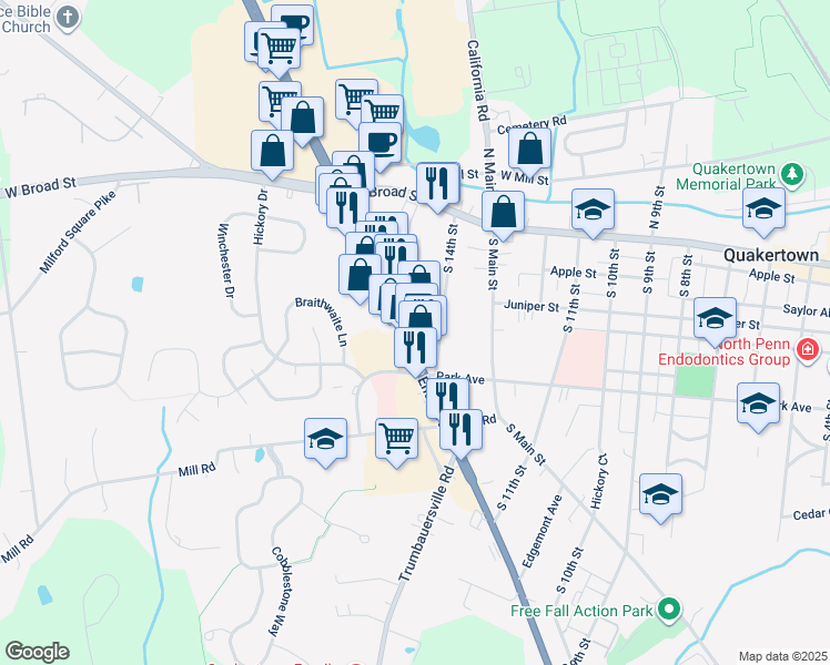 map of restaurants, bars, coffee shops, grocery stores, and more near 101-143 SW End Blvd in Quakertown