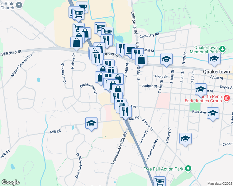 map of restaurants, bars, coffee shops, grocery stores, and more near 101-143 SW End Blvd in Quakertown