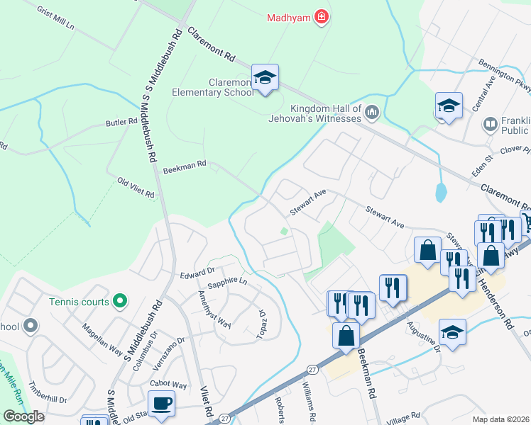 map of restaurants, bars, coffee shops, grocery stores, and more near 100 Lindsey Court in Franklin Township