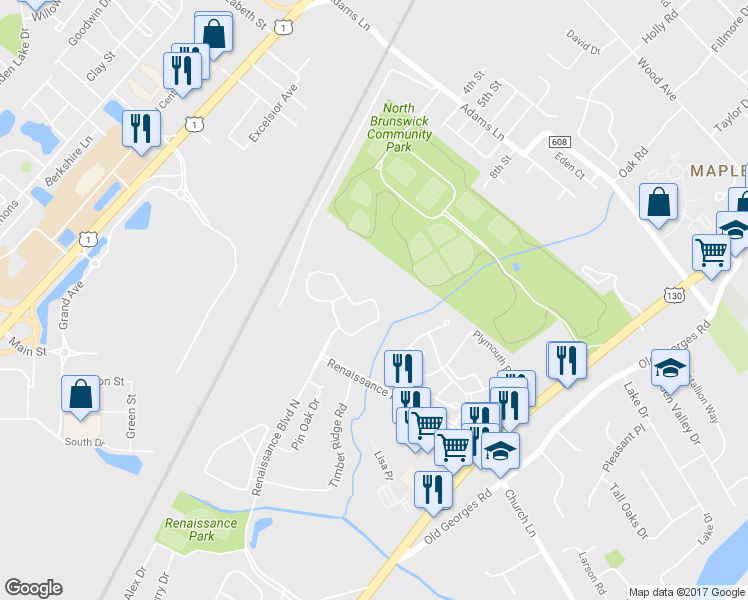 map of restaurants, bars, coffee shops, grocery stores, and more near 38 Jared Drive in North Brunswick Township