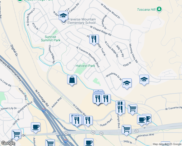 map of restaurants, bars, coffee shops, grocery stores, and more near 4199 Cresthaven Lane in Lehi