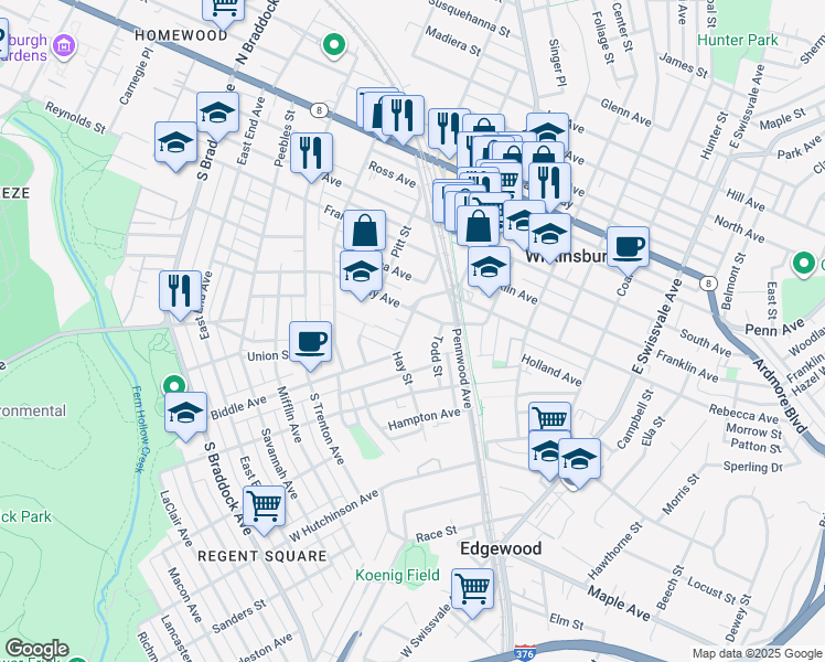 map of restaurants, bars, coffee shops, grocery stores, and more near 530 Kelly Avenue in Pittsburgh