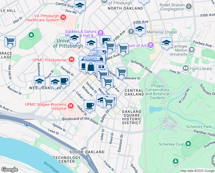 map of restaurants, bars, coffee shops, grocery stores, and more near 253 Atwood Street in Pittsburgh