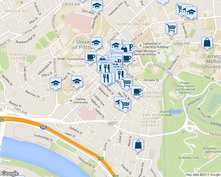 map of restaurants, bars, coffee shops, grocery stores, and more near 220 Meyran Avenue in Pittsburgh