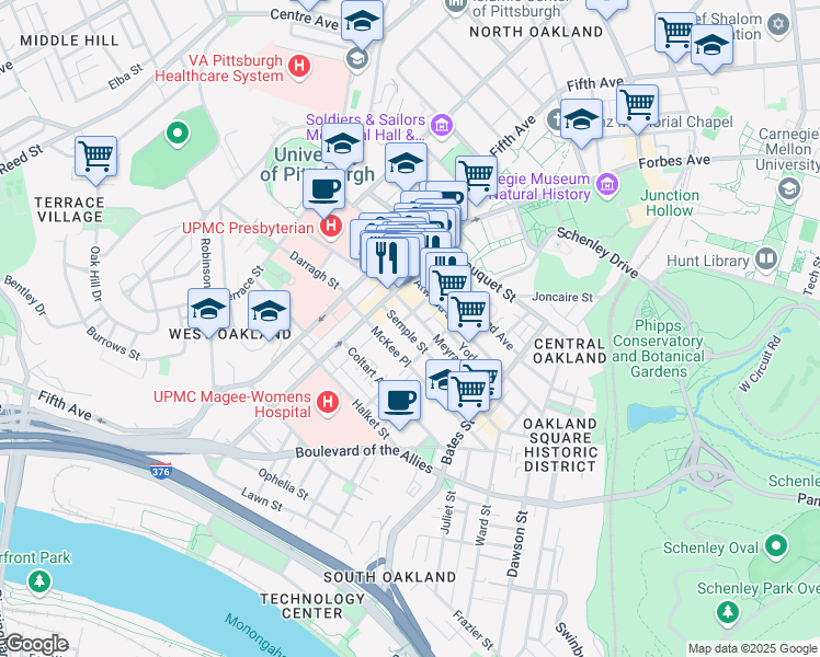 map of restaurants, bars, coffee shops, grocery stores, and more near 220 Meyran Avenue in Pittsburgh