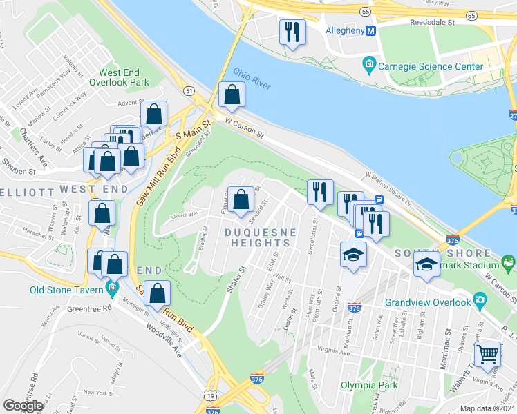 map of restaurants, bars, coffee shops, grocery stores, and more near 217 Republic Street in Pittsburgh