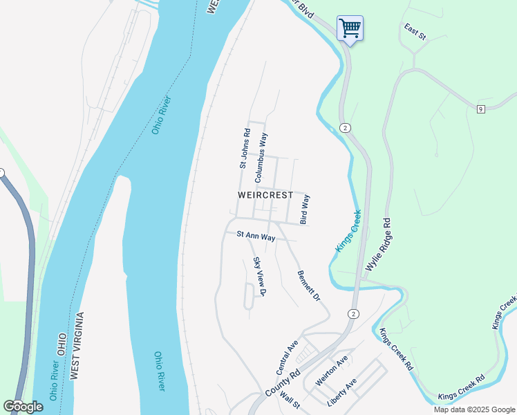 map of restaurants, bars, coffee shops, grocery stores, and more near 129 Columbus Way in Weirton