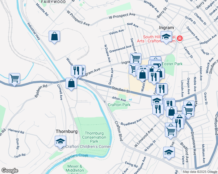 map of restaurants, bars, coffee shops, grocery stores, and more near Pennsylvania 60 in Allegheny County