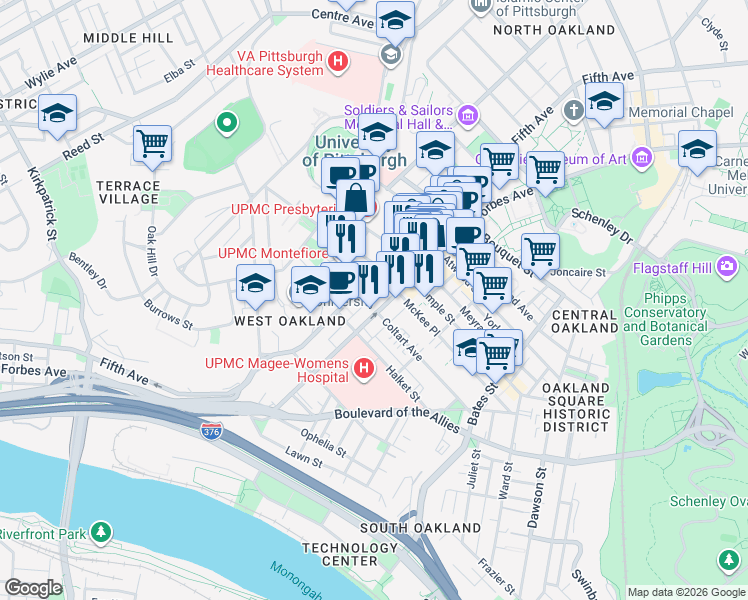 map of restaurants, bars, coffee shops, grocery stores, and more near in Pittsburgh