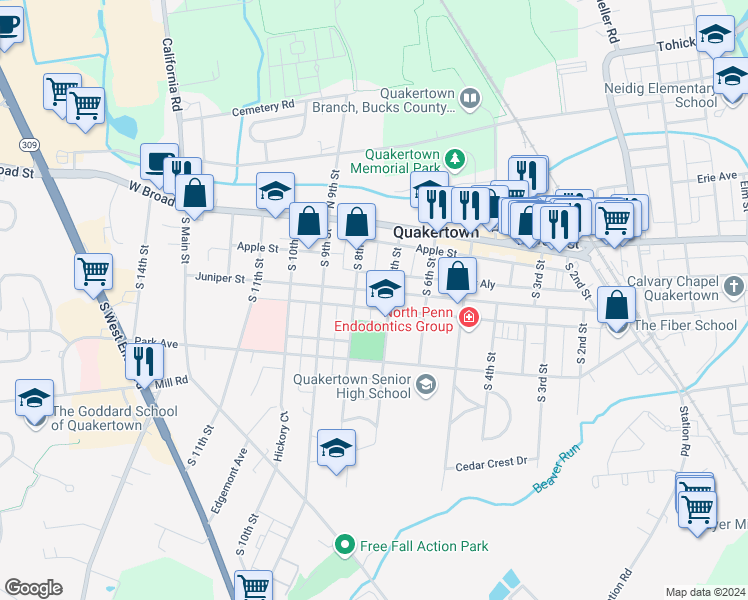 map of restaurants, bars, coffee shops, grocery stores, and more near 712 Juniper Street in Quakertown