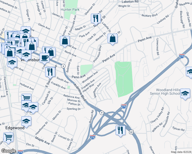 map of restaurants, bars, coffee shops, grocery stores, and more near 1401 Franklin Avenue in Pittsburgh