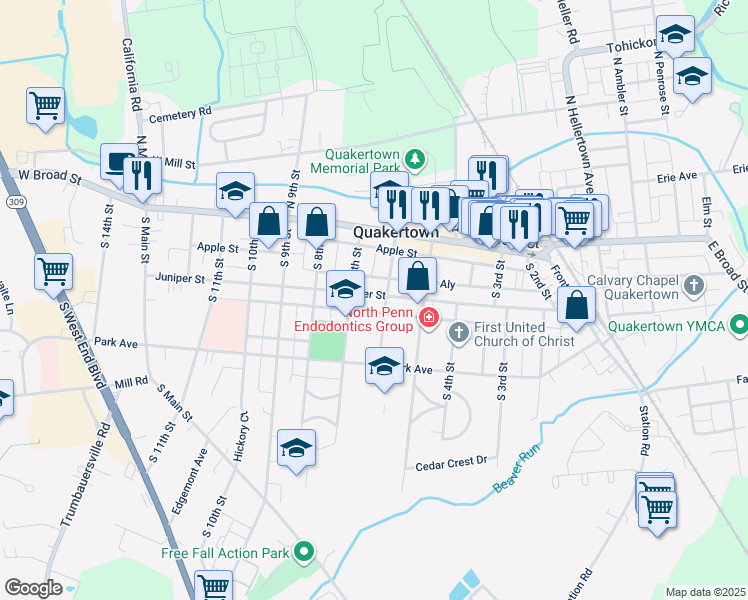 map of restaurants, bars, coffee shops, grocery stores, and more near 612 Juniper Street in Quakertown