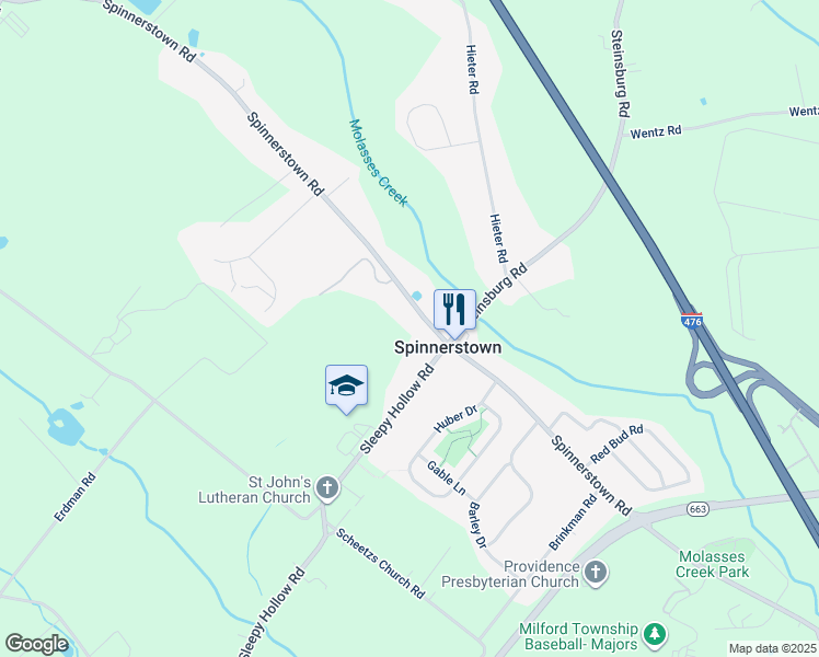 map of restaurants, bars, coffee shops, grocery stores, and more near 2230 Spinnerstown Road in Quakertown