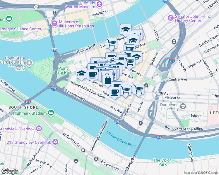 map of restaurants, bars, coffee shops, grocery stores, and more near 239 Fourth Avenue in Pittsburgh
