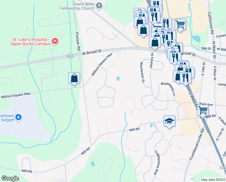 map of restaurants, bars, coffee shops, grocery stores, and more near 225 Live Oak Drive in Quakertown
