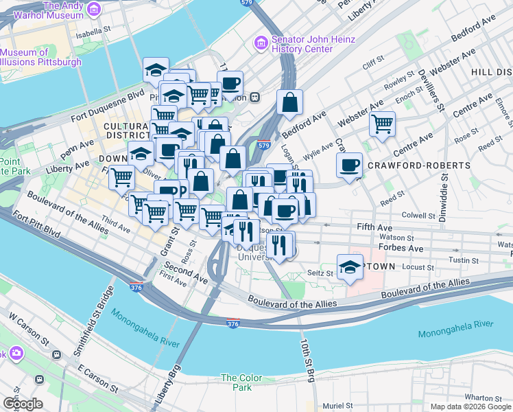map of restaurants, bars, coffee shops, grocery stores, and more near 112 Washington Place in Pittsburgh