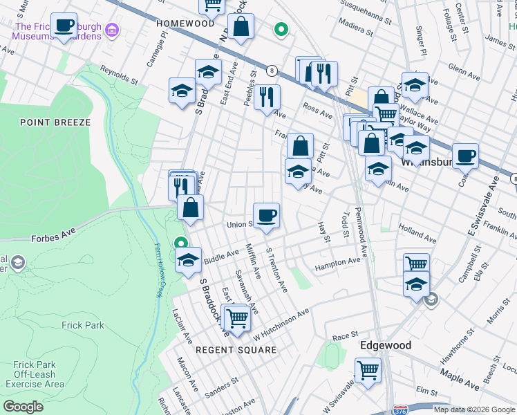 map of restaurants, bars, coffee shops, grocery stores, and more near 550 South Trenton Avenue in Pittsburgh