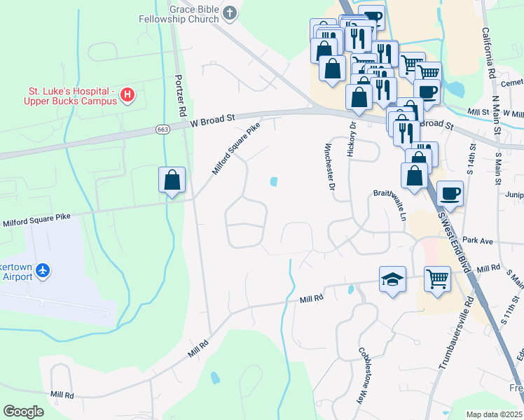 map of restaurants, bars, coffee shops, grocery stores, and more near 225 Live Oak Drive in Quakertown
