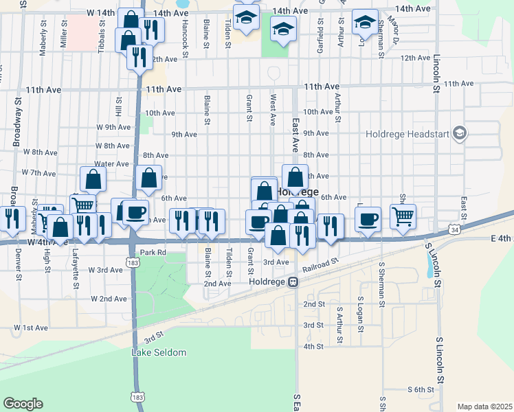 map of restaurants, bars, coffee shops, grocery stores, and more near 617 6th Avenue in Holdrege