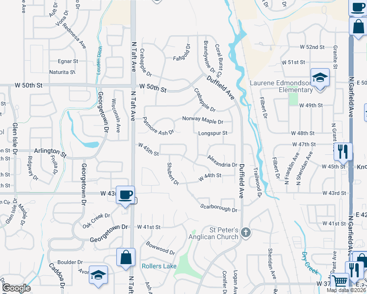 map of restaurants, bars, coffee shops, grocery stores, and more near 1118 Centennial Drive in Loveland