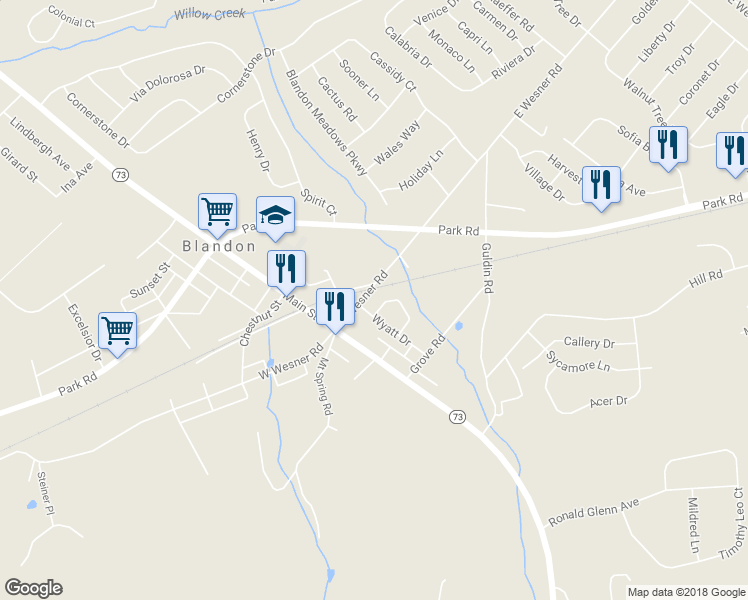 map of restaurants, bars, coffee shops, grocery stores, and more near 112 White Birch Lane in Blandon
