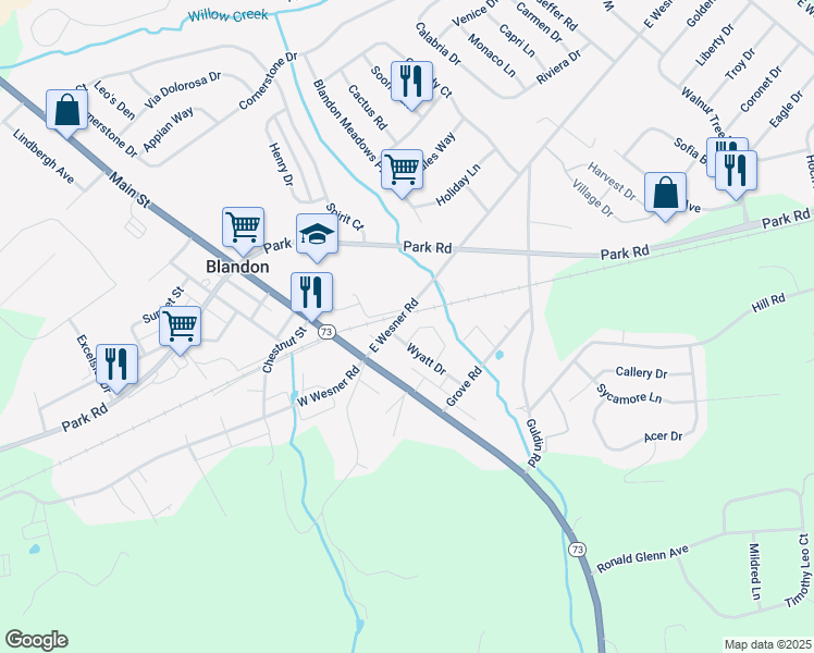 map of restaurants, bars, coffee shops, grocery stores, and more near 112 White Birch Lane in Blandon