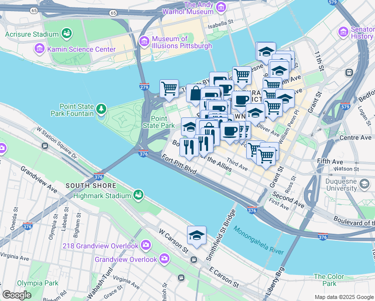 map of restaurants, bars, coffee shops, grocery stores, and more near 60 Boulevard of the Allies in Pittsburgh