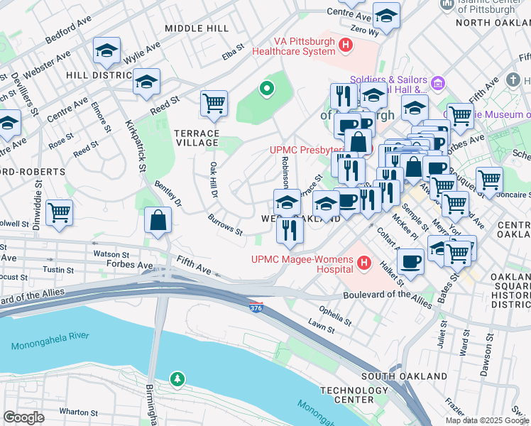 map of restaurants, bars, coffee shops, grocery stores, and more near 3124 Terrace Street in Pittsburgh