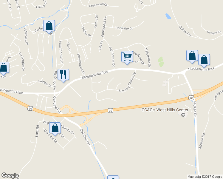 map of restaurants, bars, coffee shops, grocery stores, and more near 411 Hankey Farms Drive in Oakdale