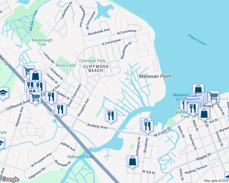map of restaurants, bars, coffee shops, grocery stores, and more near 496 Netherwood Drive in Keyport