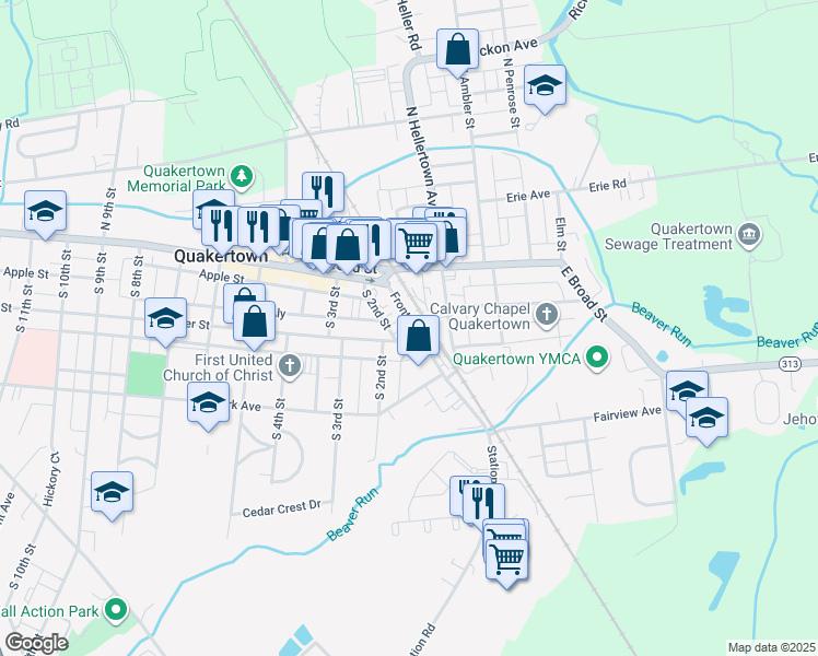 map of restaurants, bars, coffee shops, grocery stores, and more near 28 Front Street in Quakertown
