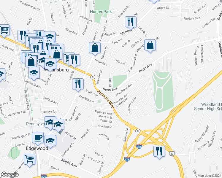 map of restaurants, bars, coffee shops, grocery stores, and more near 1114 East Street in Pittsburgh