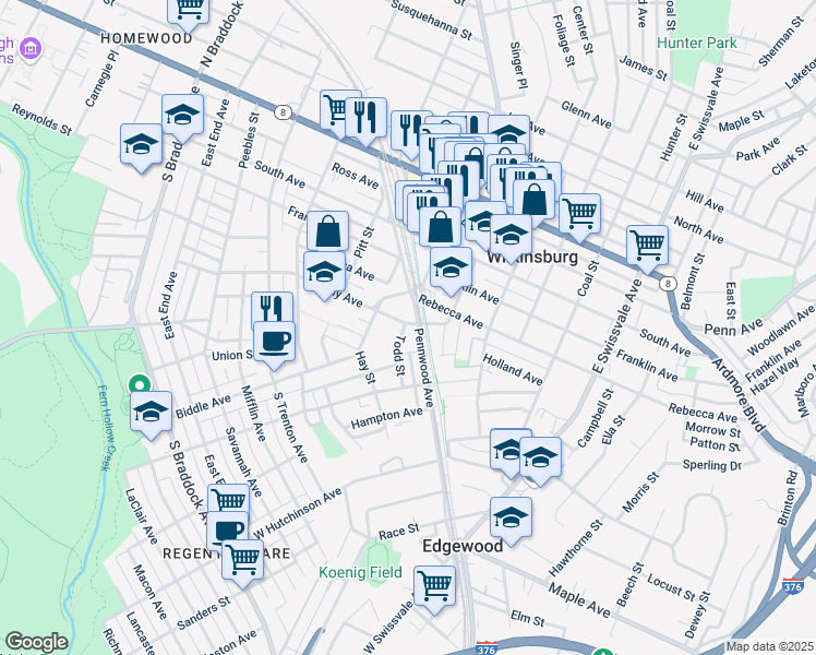 map of restaurants, bars, coffee shops, grocery stores, and more near 644 Kelly Avenue in Pittsburgh