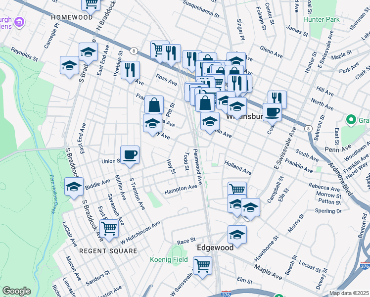 map of restaurants, bars, coffee shops, grocery stores, and more near 644 Kelly Avenue in Pittsburgh