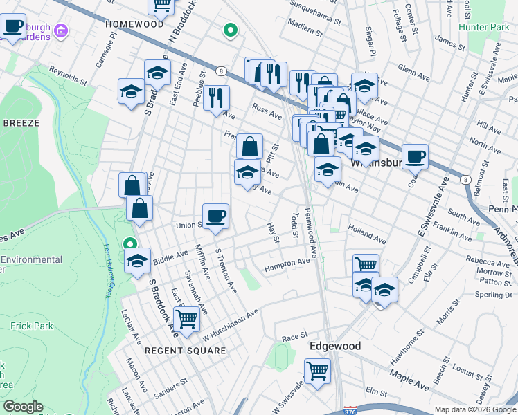 map of restaurants, bars, coffee shops, grocery stores, and more near 400 Kelly Avenue in Pittsburgh