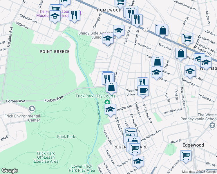 map of restaurants, bars, coffee shops, grocery stores, and more near 570 South Braddock Avenue in Pittsburgh