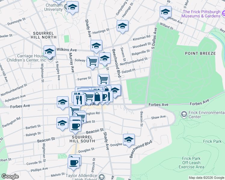 map of restaurants, bars, coffee shops, grocery stores, and more near 1612 Denniston Street in Pittsburgh