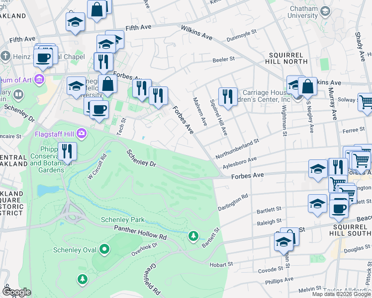 map of restaurants, bars, coffee shops, grocery stores, and more near 303 Schenley Road in Pittsburgh